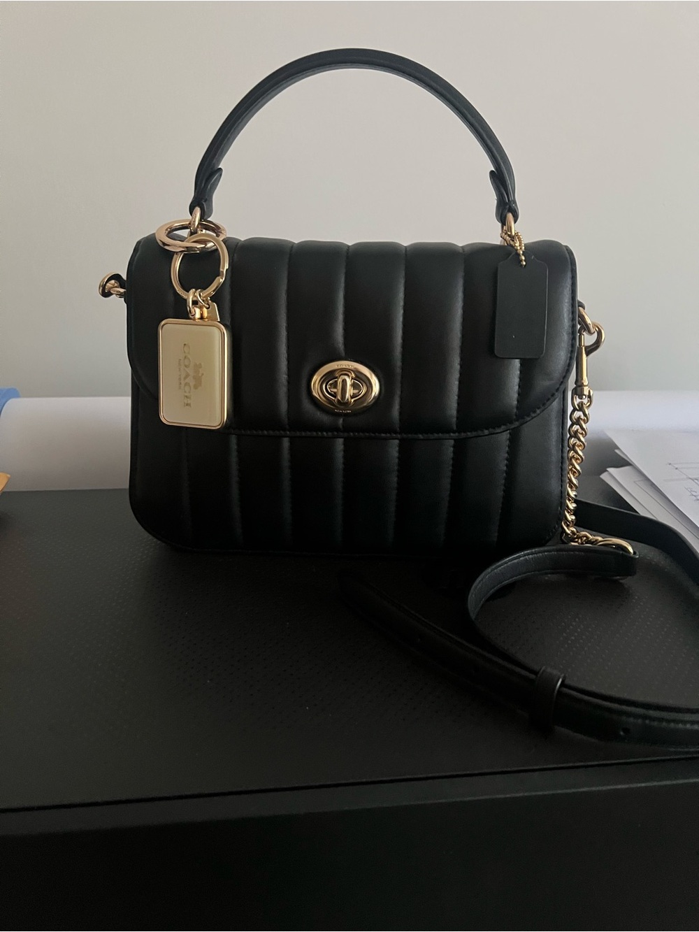 Coach Marlie Black Quilted Leather Top-Handle Shoulder Bag with Gold Hardware